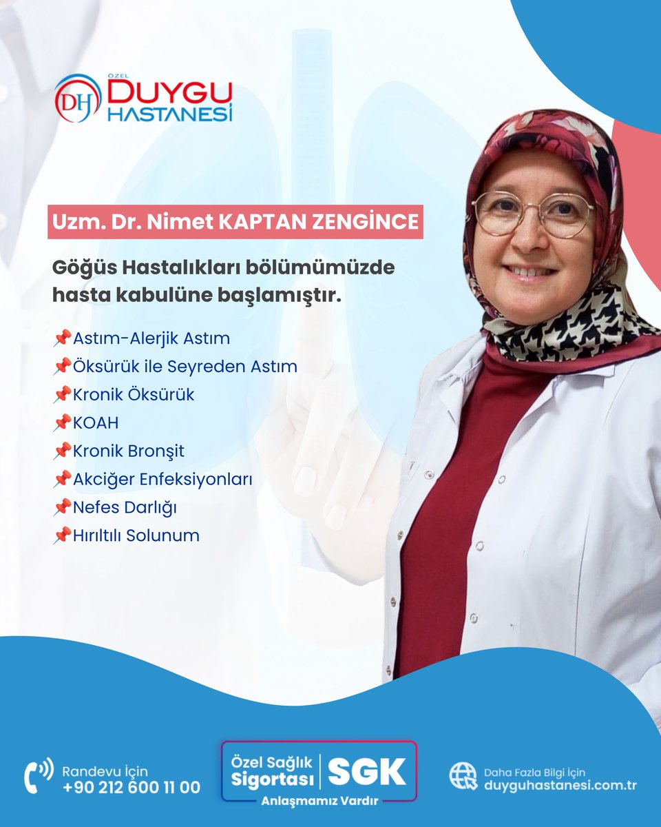 duyguhastanesi's tweet photo. Göğüs Hastalıkları Uzmanımız Uzm. Dr. Nimet Kaptan Zengince; #astım, #alerjikastım, kronik öksürük, #KOAH, kronik bronşit, akciğer enfeksiyonları, #nefesdarlığı ve hırıltılı solunum alanlarında hastanemizde hasta kabulüne başlamıştır. ✅ https://t.co/9vzpOGd6xN
