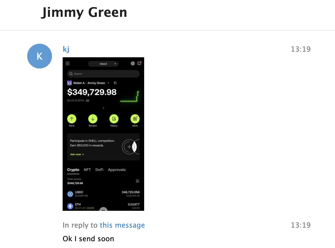 zachxbt's tweet photo. 4/ On Mar 6, 2025, I funded a new address with 349.7K USDC on Ethereum in preparation to conduct several transactions with Jimmy Green.

My address:
0x073256b50d66a7eb005f2a504d0a4fb6ea62a276 https://t.co/0sGXrKGOgL