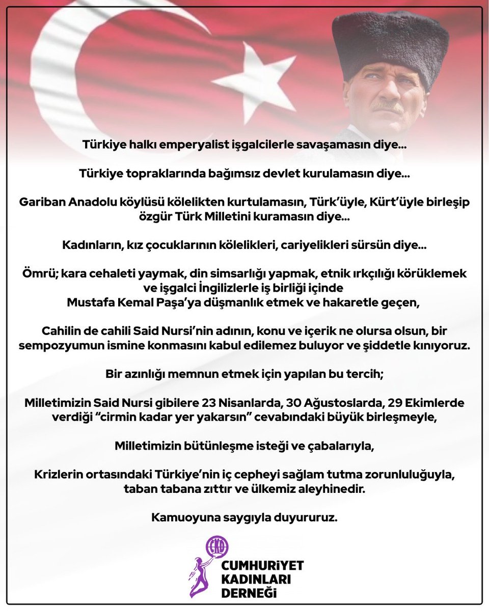 ckdgenelmerkez_'s tweet photo. Said Nursi’nin adının, konu ve içerik ne olursa olsun, bir sempozyumun ismine konmasını kabul edilemez buluyor ve şiddetle kınıyoruz. https://t.co/5UcZ1gF2Ju