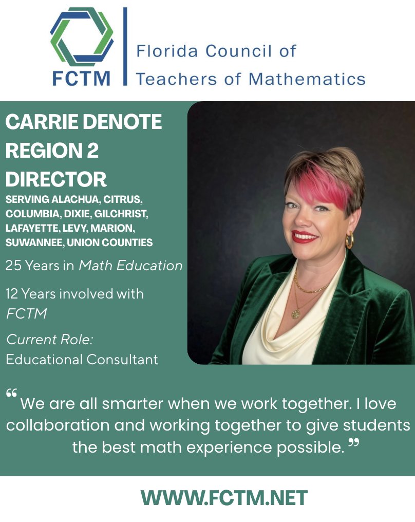 FCTMath's tweet photo. Meet your FCTM Region 2 Director, Carrie DeNote! 💫 https://t.co/rLzdqjJQTJ
