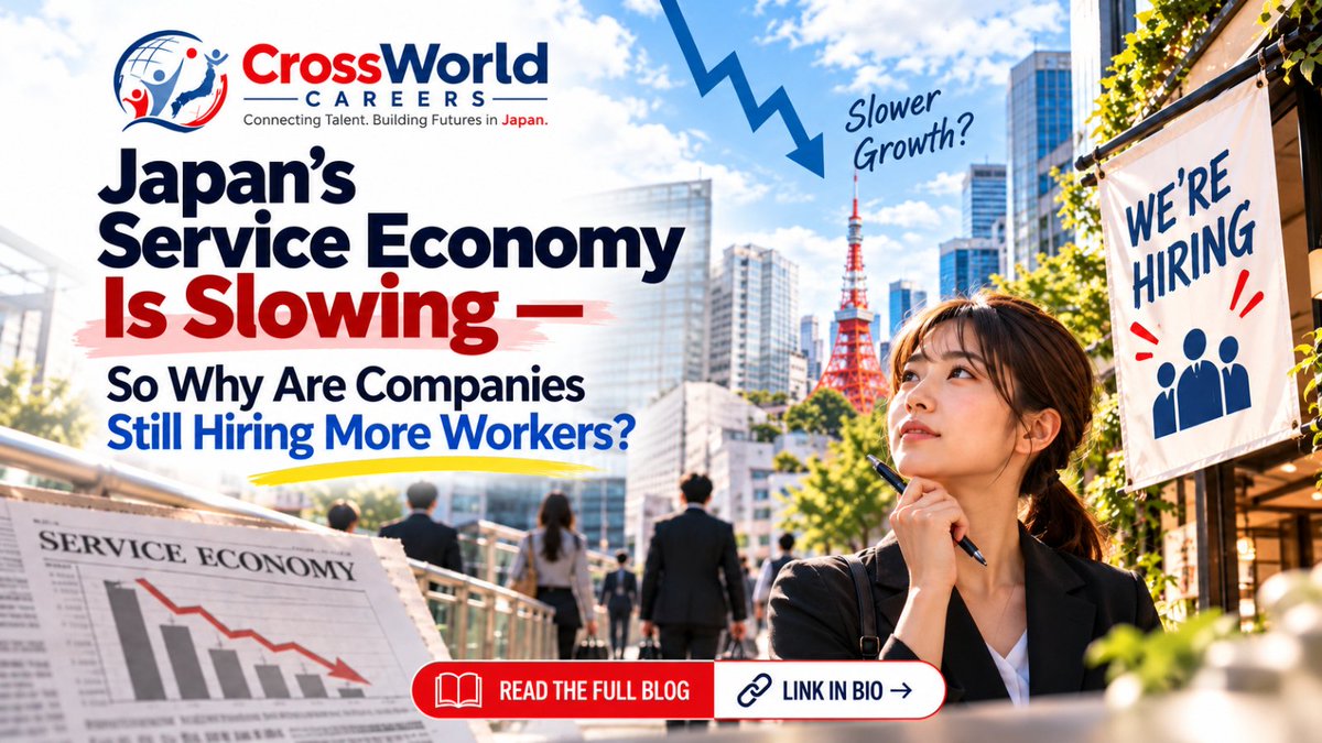 CWcareers's tweet photo. 🇯🇵 Japan’s service economy is slowing.

Yet companies are still hiring more workers — with job creation reaching its fastest pace since February.

So why are businesses still adding people? 👀
Read more: https://t.co/ioAYCjNCv5

#JapanJobs #japan #WorkInJapan #JapanCareers https://t.co/UIiuqEjcfY