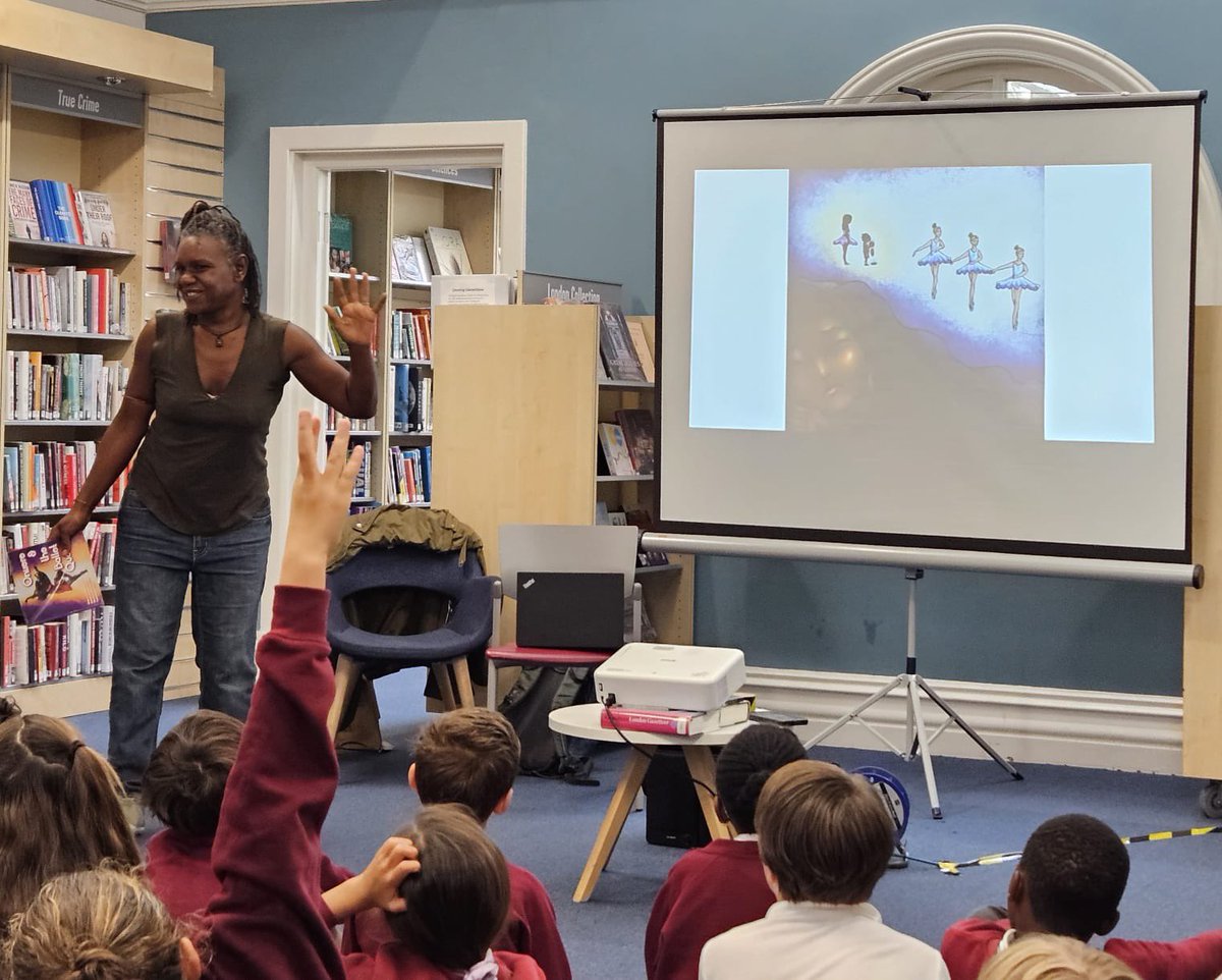 ElthamLibrary's tweet photo. Children from Eltham CE School enjoyed an interactive storytelling session last week in celebration of #BlackHistoryMonth at #ElthamLibrary. We learnt about Black British Ballet through the book ‘Onisere and the Ballet Queen’ 🩰 with dance and movement throughout. 📚 https://t.co/Bh8GHfGBaV