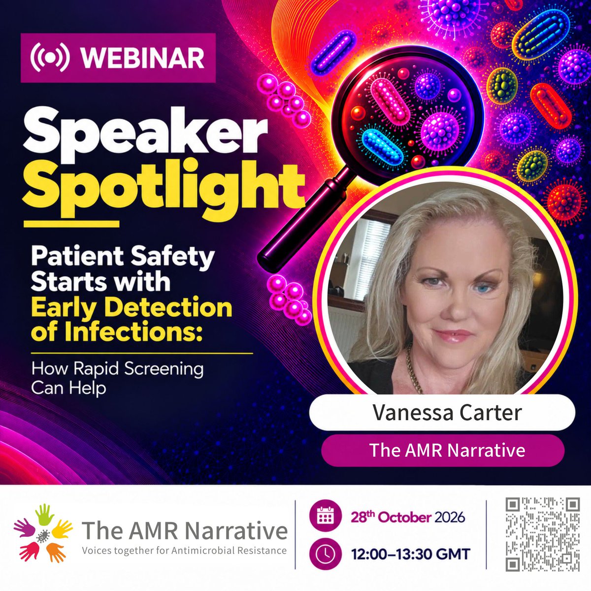 theAMRnarrative's tweet photo. 📢Join our founder, patient survivor @VCarterAMR and others for a WEBINAR focused on the role of rapid screening and #AMR on 28 Oct 2026, 12:00 GMT
To register, scan the QR code or visit: https://t.co/uFWWn5rNFe
#theAMRnarrative #AntimicrobialResistance https://t.co/7uTabt2RNB