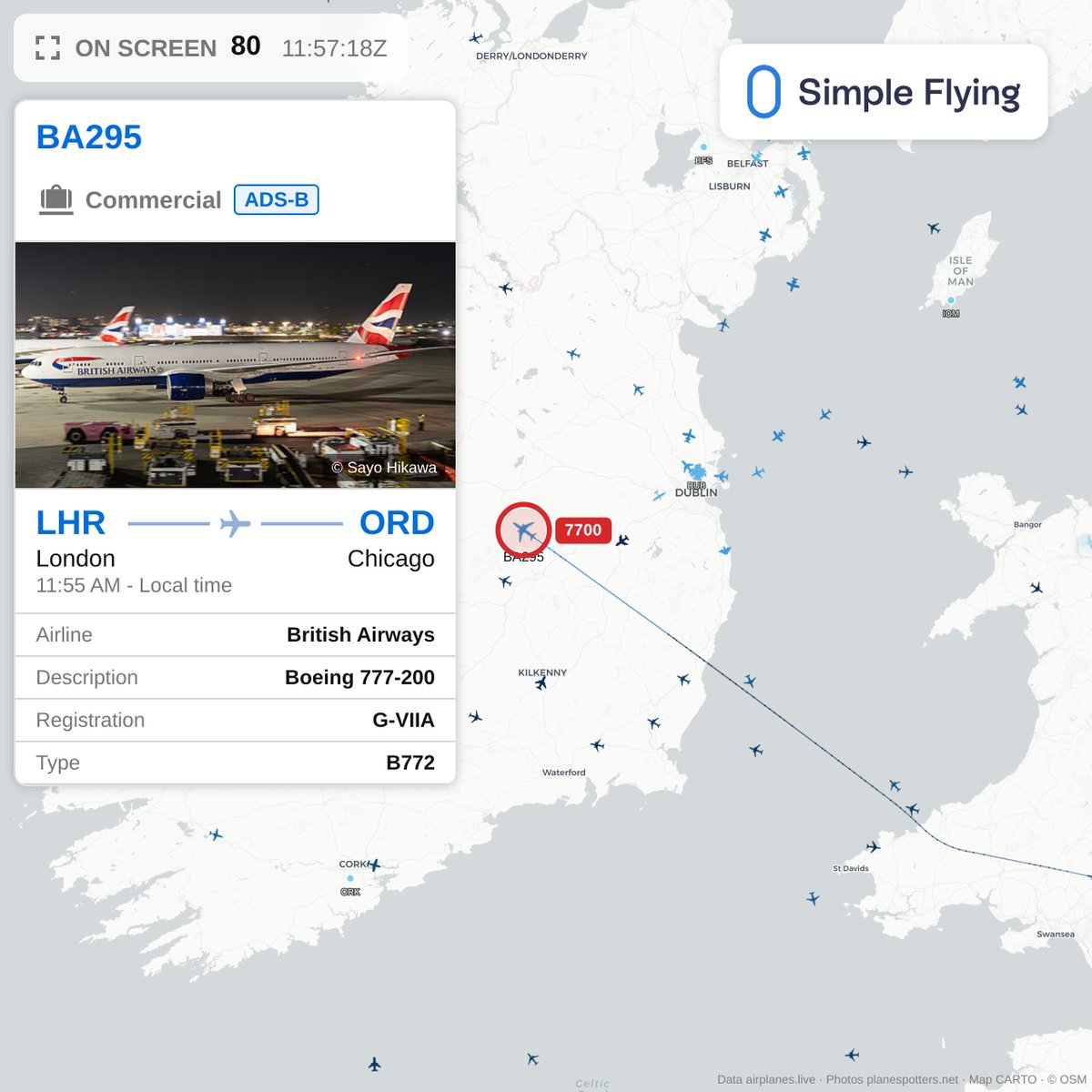 FlighttrackerSF's tweet photo. British Airways flight BA295, a Boeing 777-200 from LHR to ORD, is squawking 7700 over Ireland.

https://t.co/hXUtW9mVZr https://t.co/09oSDWcvhV