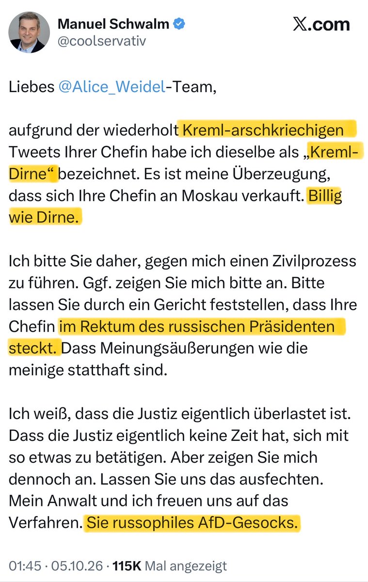 queru_lant's tweet photo. Die CDU unterscheidet sich kaum noch von den verbalvulgären Linken.

Würde ich das CDU-Mitglied Manuel Schwalm @coolservativ nicht besser kennen, hätte ich seine nächtliche Entgleisung dem übermässigen Alkoholkonsum zugeschrieben. Aber der meint das tatsächlich ernst.

Bitte teilt diesen Post auf Facebook, damit ihn auch die älteren CDU-Wähler zu Gesicht bekommen.