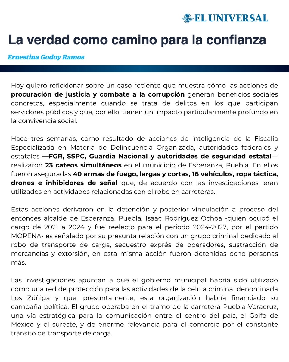 ErnestinaGodoy_'s tweet photo. La verdad y la justicia van de la mano.
Un concepto no puede existir sin el otro.
Partiendo de ello, en la @FGRMexico llevamos a cabo acciones concretas que le den confianza a la ciudadanía, sobre nuestros resultados contra la delincuencia y la corrupción.
En mi columna de este lunes, hablo sobre uno de los casos recientes que hemos investigado con éxito.
La comparto con ustedes. 🔗🌐https://t.co/fUJJsBUGII