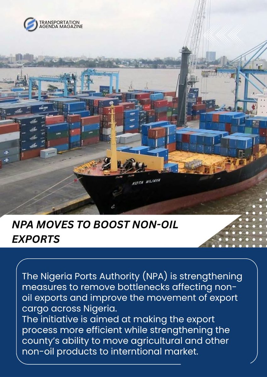 magazine_a11438's tweet photo. The Nigerian Ports Authority (NPA) is intensifying efforts to strengthen Nigeria’s non-oil export sector by addressing bottlenecks affecting the processing and movement of export cargo.
#NigerianPortsAuthority #ExportLogistics https://t.co/Uyzqbzxnle