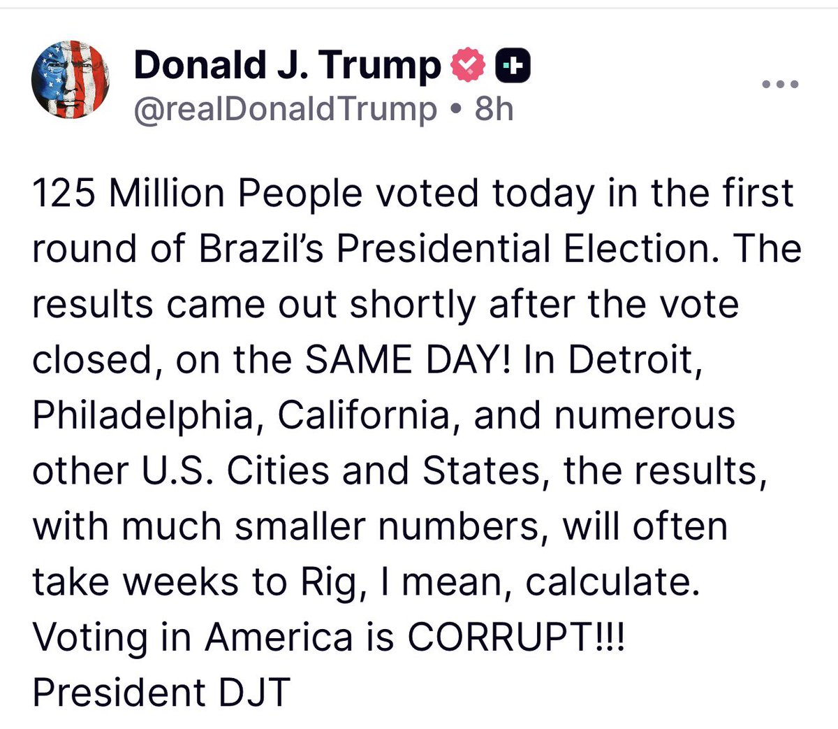 Juliedonuts's tweet photo. President Trump Post:

125 MILLION votes. Same day. No pauses. No mystery dumps. Brazil just embarrassed every crooked city in America. 👏🏻 https://t.co/2pVHM4Mln1