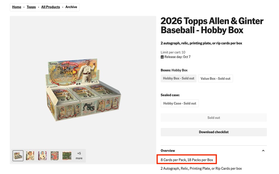 TheHobbyWire's tweet photo. Has Allen & Ginter really been cut to 18 packs per Hobby Box? 

Blowout, Steel City, and Dave & Adams all list 2026 Allen & Ginter Baseball as having 24 Packs like last year. But the info direct from Topps shows 18. 
Gotta assume the Topps number is correct, but it's surprising to see them cut a quarter of the packs just like that.
#thehobby #sportscards @CardPurchaser