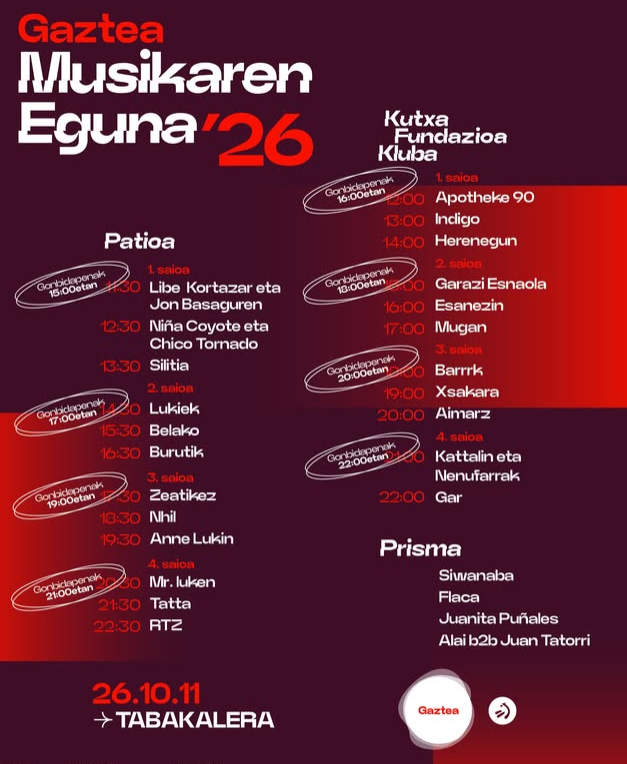gaztea's tweet photo. 🎶MUSIKAREN EGUNA🎶

15:00etan jarriko ditugu eskuragarri Musikaren Eguneko gonbidapenak, blokeka!

Hemen blokeen ordutegiak👀👇🏼 https://t.co/capN6Oq0Zj
