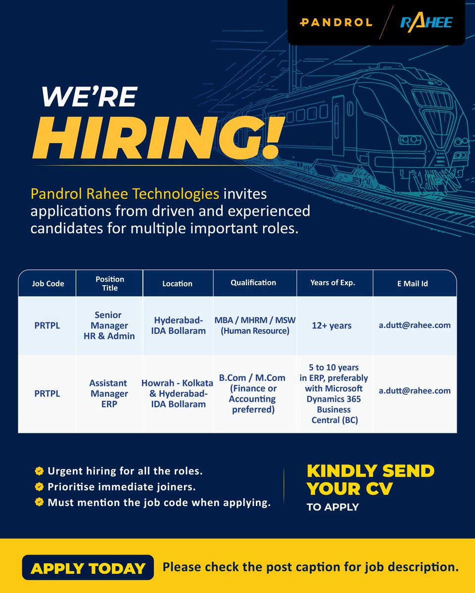 RaheeGroup's tweet photo. Pandrol Rahee Technologies is looking for driven and experienced professionals. Interested candidates may share their updated CV at a.dutt@rahee.com, mentioning the relevant job code in the application.
JD - https://t.co/0XkAihTQa0

#RaheeGroup #PandrolRahee #Career #ApplyNow https://t.co/CjP1tsRu8m