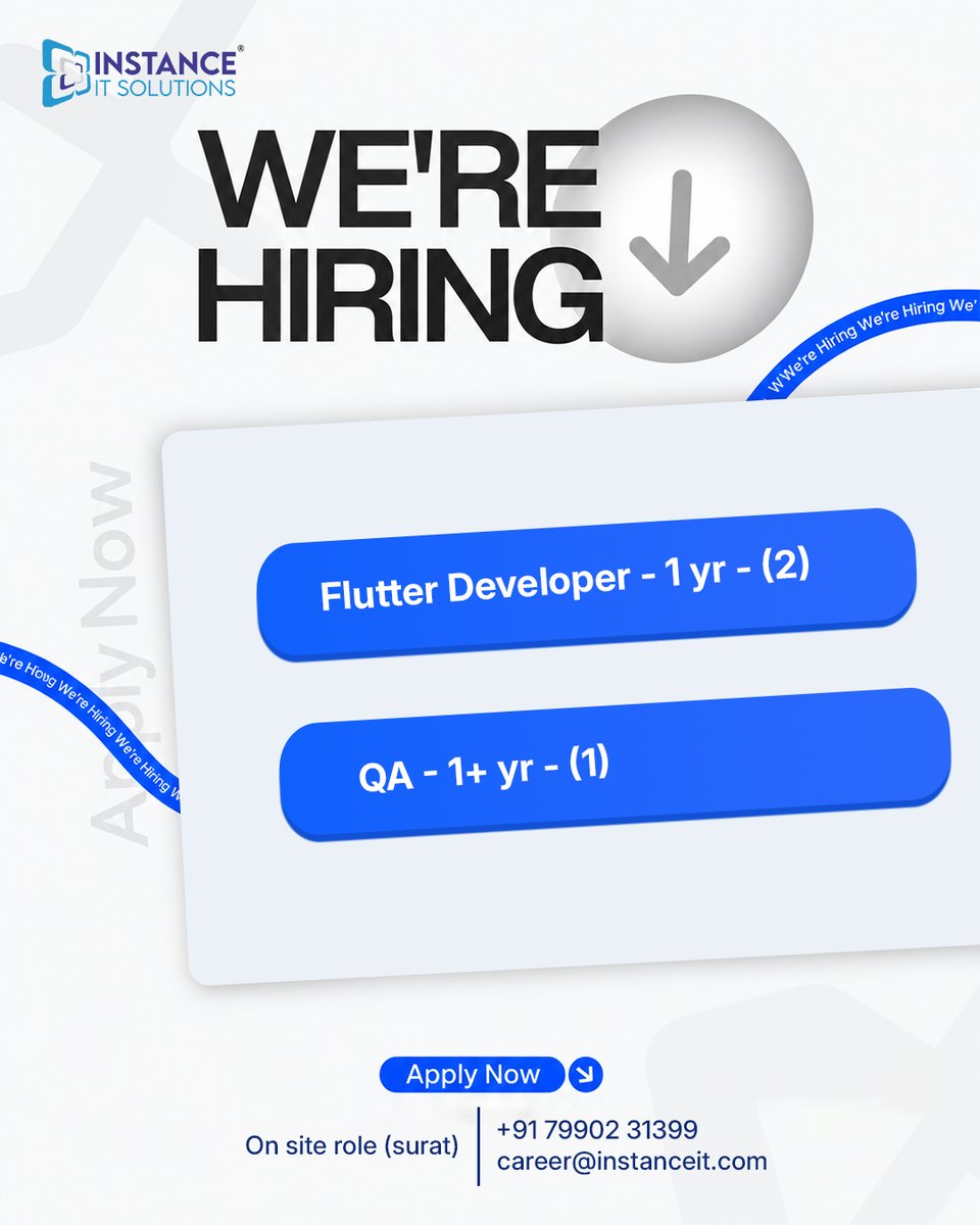 instance_it's tweet photo. 🚀 Your next career opportunity starts here!

📍 On-site | Surat
📩 Send your CV to career@instanceit.com
📞 +91 79902 31399
Apply now and take the next step in your tech career!

Hashtags:

#wearehiring #hiring #flutterdeveloperr #flutterJobs  #softwarejobs #itjobs #SuratJobs https://t.co/v8yO9kiL1J
