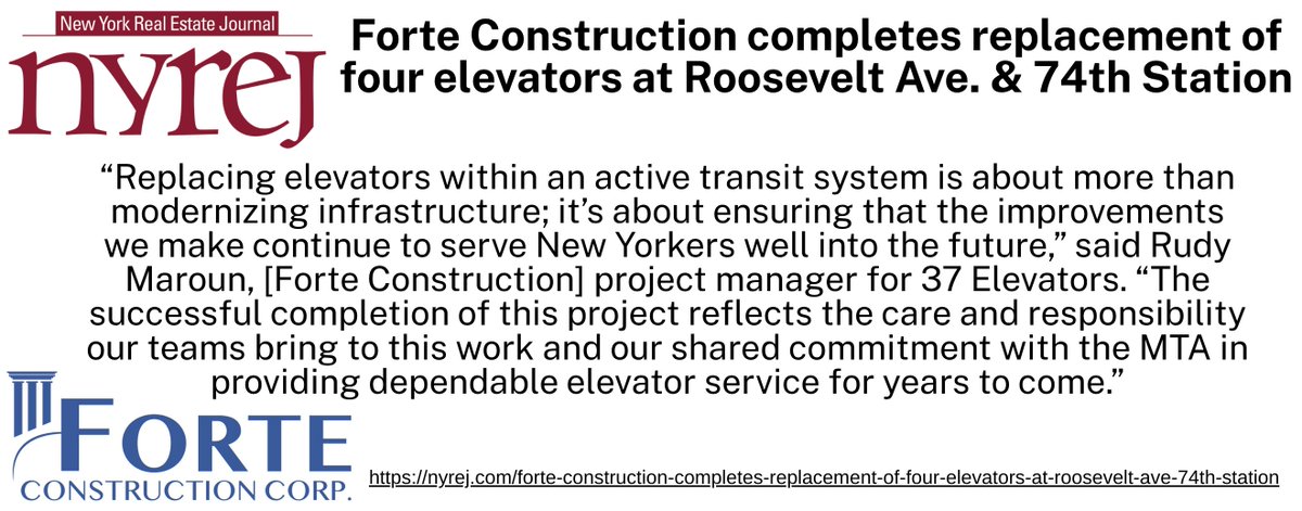 ButlerPR's tweet photo. .@NYREJ spotlights Forte Construction’s 4-elevator replacement at the 74th Street–Roosevelt Ave MTA Subway station, the ninth-busiest hub in the network serving over 15M riders/year.
#ForteConstruction #NYREJ #MTA #TransitAccessibility #NYCInfrastructure https://t.co/dPzALNd1nk