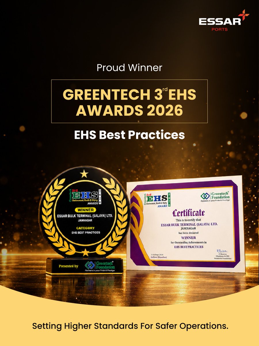 EssarPorts's tweet photo. #EssarPorts Salaya Terminal has been named the winner in the EHS Best Practices category at the 3rd Greentech EHS Awards 2026.

The award reflects our continued efforts to advance environmental responsibility, strengthen health and safety practices, and embed sustainability across our operations.

Congratulations to the team!

#GatewayofGrowth