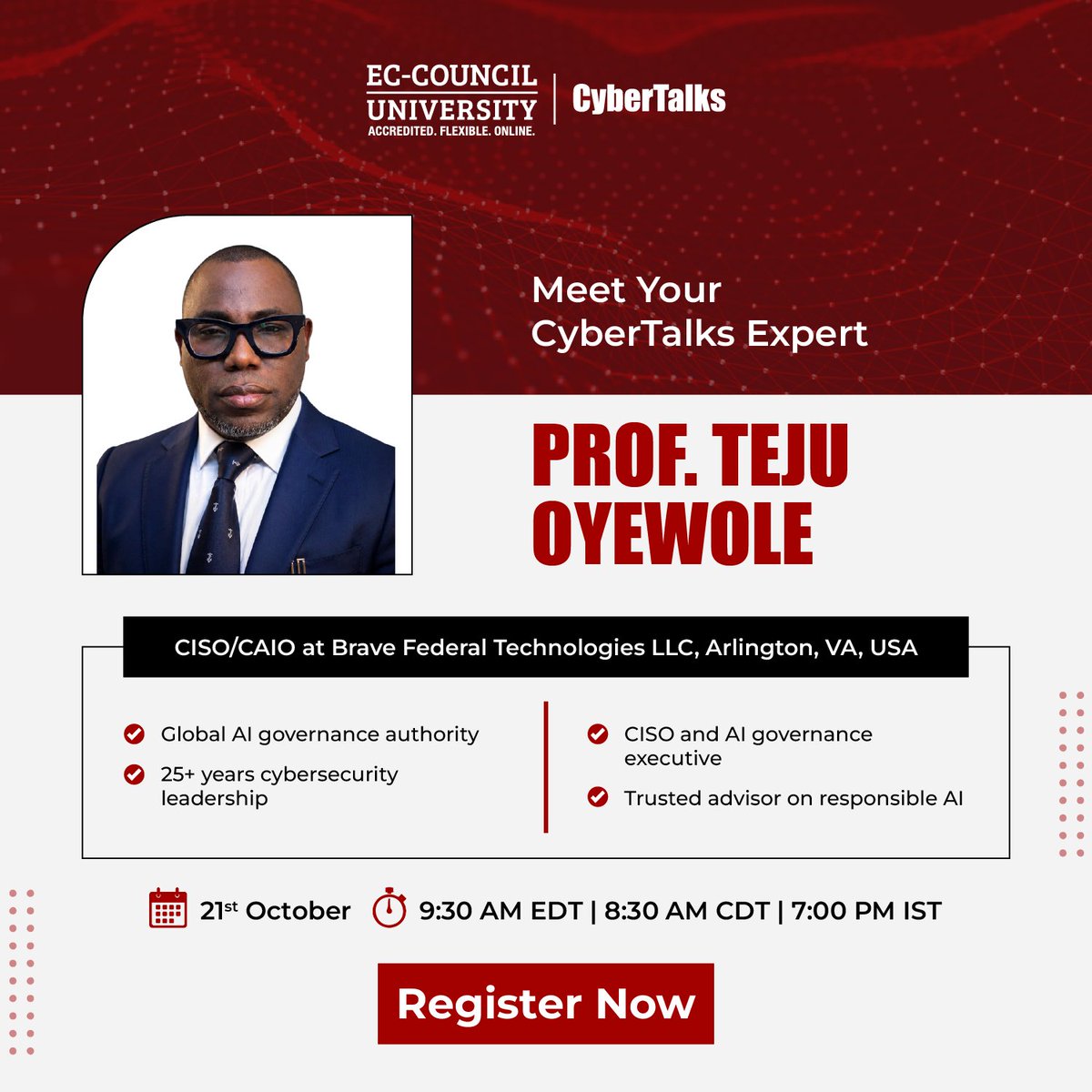 EC_Council_Univ's tweet photo. Speaker Spotlight!
Join Prof. Teju Oyewole, CISO/CAIO at Brave Federal Technologies LLC, on Oct. 21 for “Operationalizing AI Governance Across the Enterprise.”
Discover strategies for AI governance, enterprise risk & responsible AI.
Register: https://t.co/jBH7G1PAGV
#ECCU https://t.co/WGrK5i8xrs