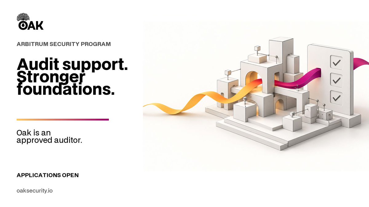 SecurityOak's tweet photo. Building on @arbitrum? The Arbitrum Security Program is open for applications, with audit subsidies for eligible projects.

Oak Security is an approved auditor. Name Oak in the form’s “Preferred auditor” field.

Apply: https://t.co/rV93fTe243 https://t.co/LI5EuPtxTf