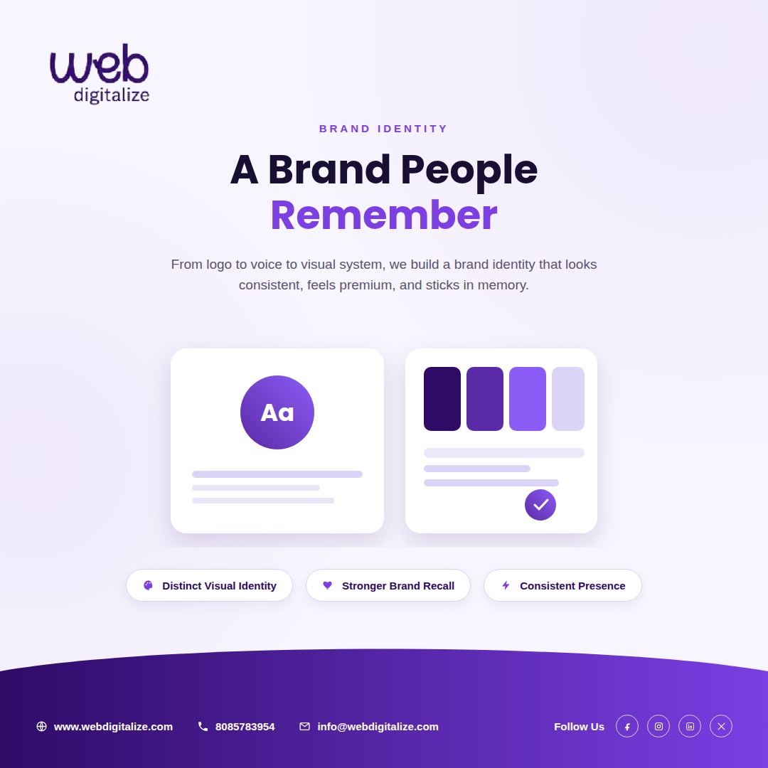 WebDigitalize's tweet photo. ✨ A Brand People Remember.

Your brand is more than a logo—it’s the visual identity, voice, and consistency that makes people recognize and remember you.
🌐 https://t.co/Itrl1qY9Uv | 📞 8085783954

#WebDigitalize #BrandIdentity #Branding #VisualIdentity #DigitalMarketing https://t.co/XGyBpXmrBW