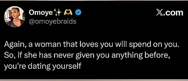 2froshtoo's tweet photo. Some guys de relationship for years their so called girlfriend or whatever has not spent anything on them . Guys please you people should wise up. Don't be a in a relationship with a parasite. Thank God this is coming from a girl and I believe she is well raised and we'll doing. https://t.co/x11e46DPPd