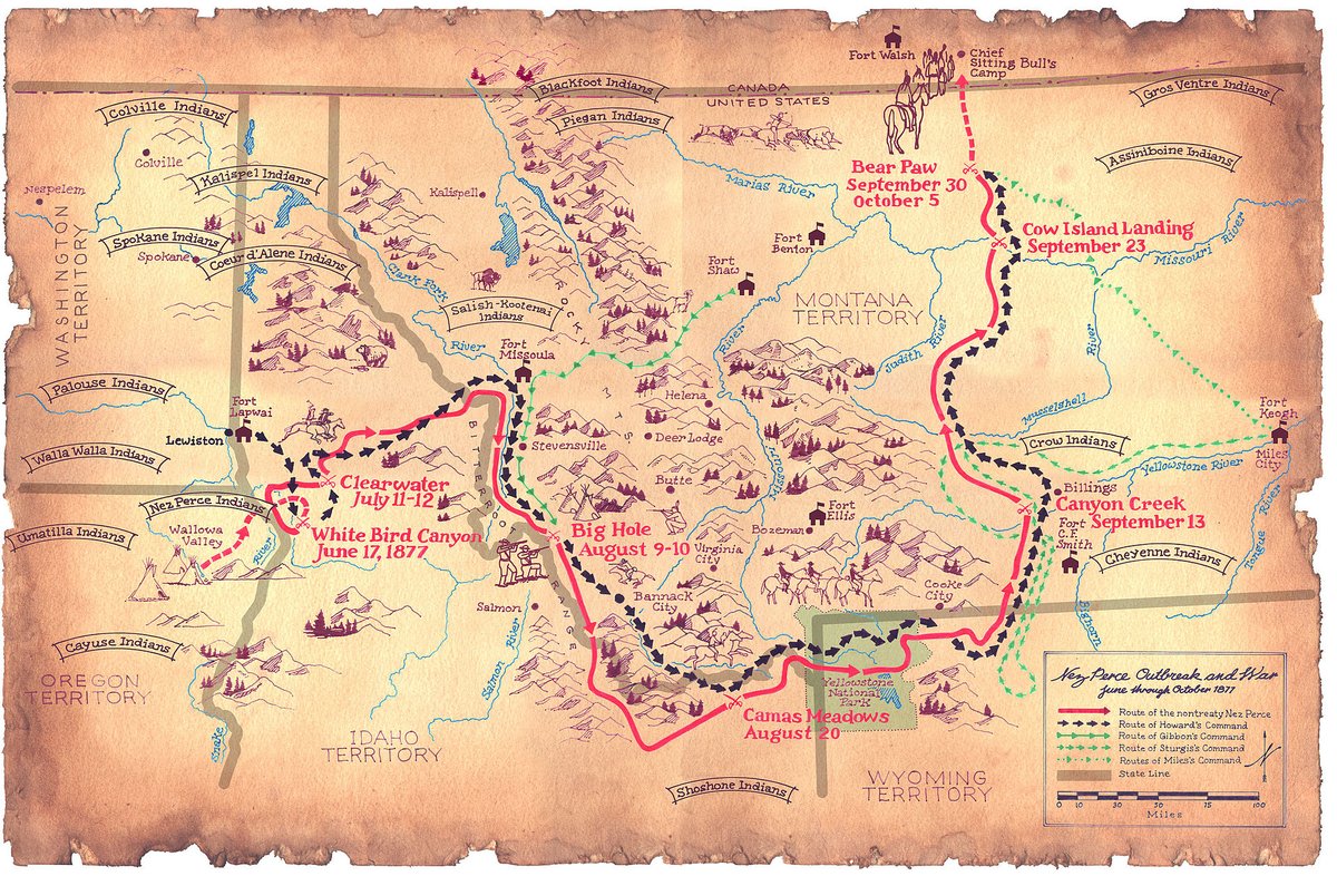 HAlmanack's tweet photo. On October 5, 1877, following a 1,700-mile retreat, Chief Joseph of the Nez Perce Indians surrendered to U.S. Cavalry troops at Bear's Paw near Chinook, Montana. "From where the sun now stands, I will fight no more forever," he declared. https://t.co/LJX4ZN5Unx