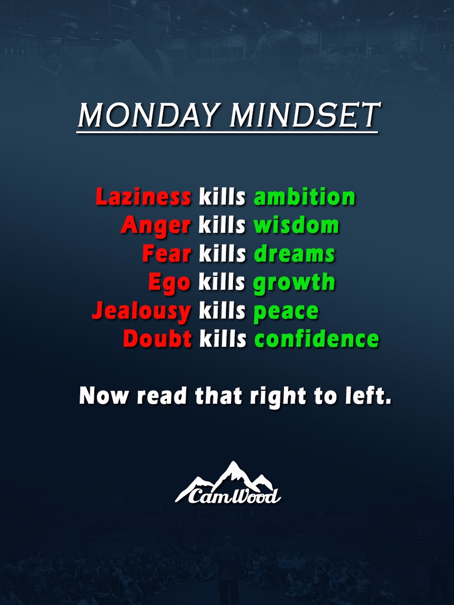 CamWoodBats's tweet photo. Monday Mindset! 

Laziness kills ambition
Anger kills wisdom
Fear kills dreams
Ego kills growth
Jealousy kills peace
Doubt kills confidence

Now read that right to left.

#motivation #monday https://t.co/TpT5UYYWTD