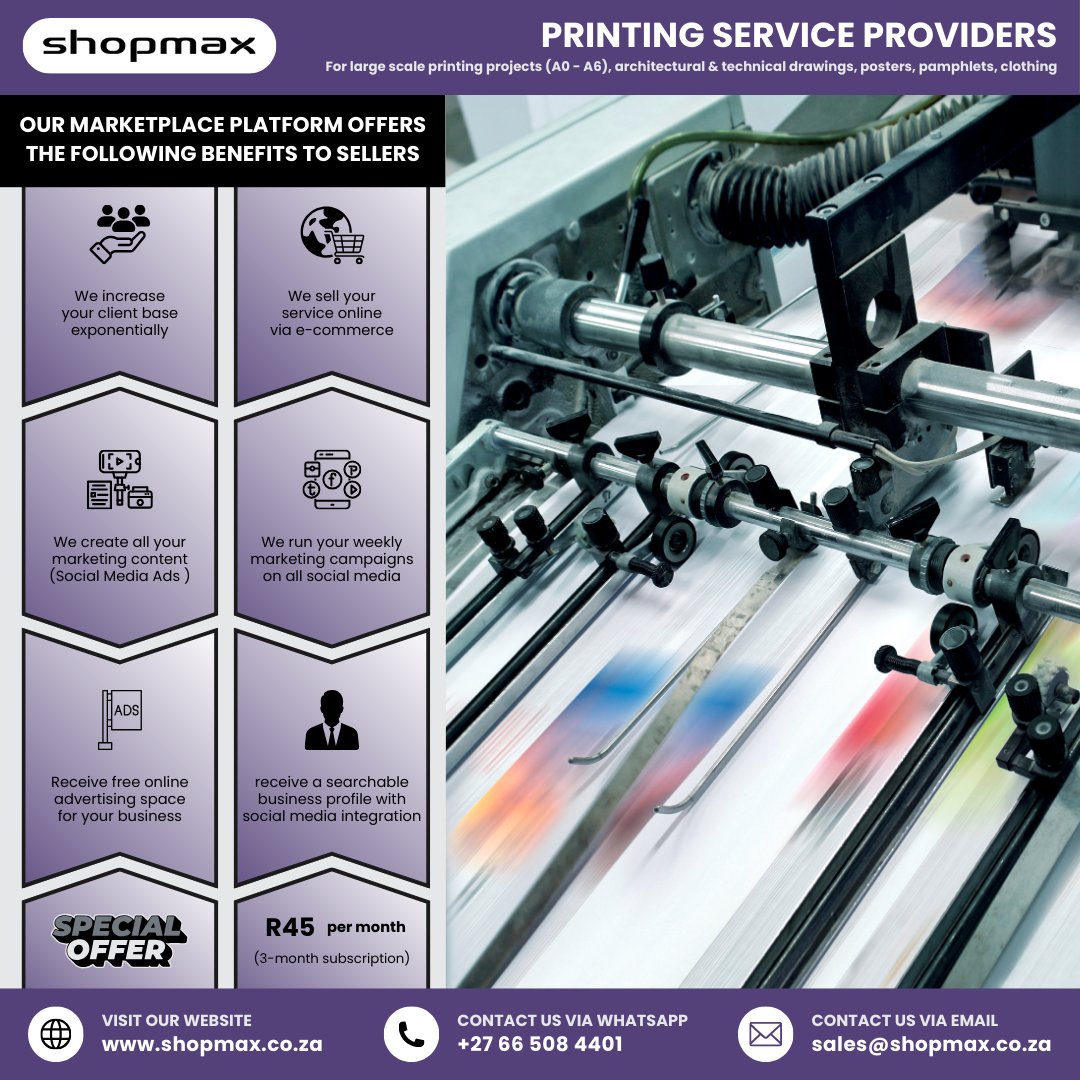 SHOPMAX6's tweet photo. 🖨️ Printing business?
Get more orders WITHOUT relying on walk-ins.
✔️ We market your services
✔️ You get more jobs
✔️ Sell your services online
💰 From R45/month
👉 Apply now:
https://t.co/7LqxPfKjm1
#PrintingServices #PrintBusiness #Shopmax #GrowYourBusiness #GetClients https://t.co/01mV9GC0Pj