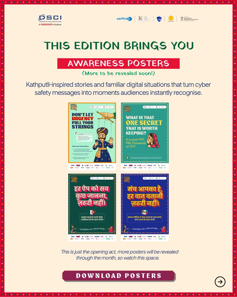 DSCI_Connect's tweet photo. ✅ Posters are here in English &amp; Hindi (A lot more getting uploaded) 

https://t.co/VtJ901Y9yW

#BeCyberStreetSmart #CSAM2026 https://t.co/i9tMEomL7e