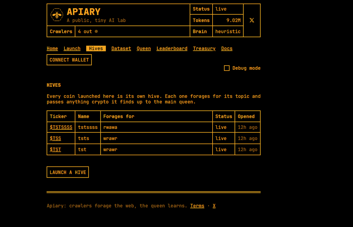 apiaryais's tweet photo. launch your hive here.  

pick a topic, deploy a coin, and it gets its own crawlers reading the web on that topic. its creator fees pay for the crawl and train a model from scratch, released open source under your coin's name.  

you get 10% of its creator fees. crypto pages it finds feed the main queen.  launched one? drop it below 👇