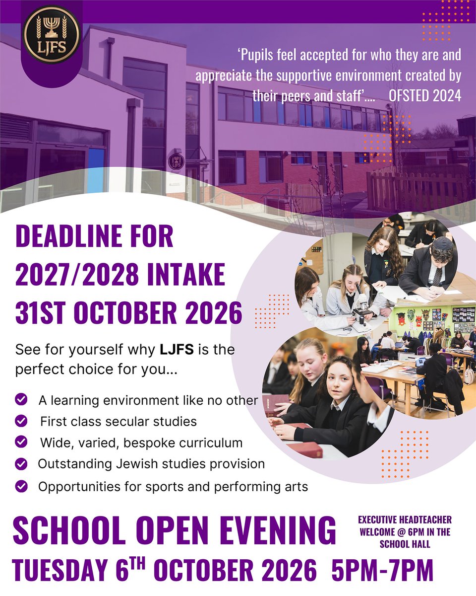 JLifeMagazine's tweet photo. 🏫 Looking ahead to secondary school? Come along to #Leeds #JFS Jewish Free School’s #Open Evening and discover what makes @LJFSLeeds such a special place to learn, grow and thrive.

📞 To book your place, call 0113 293 0578 or visit https://t.co/uRvxWmyTRz https://t.co/wVHtZCsDou