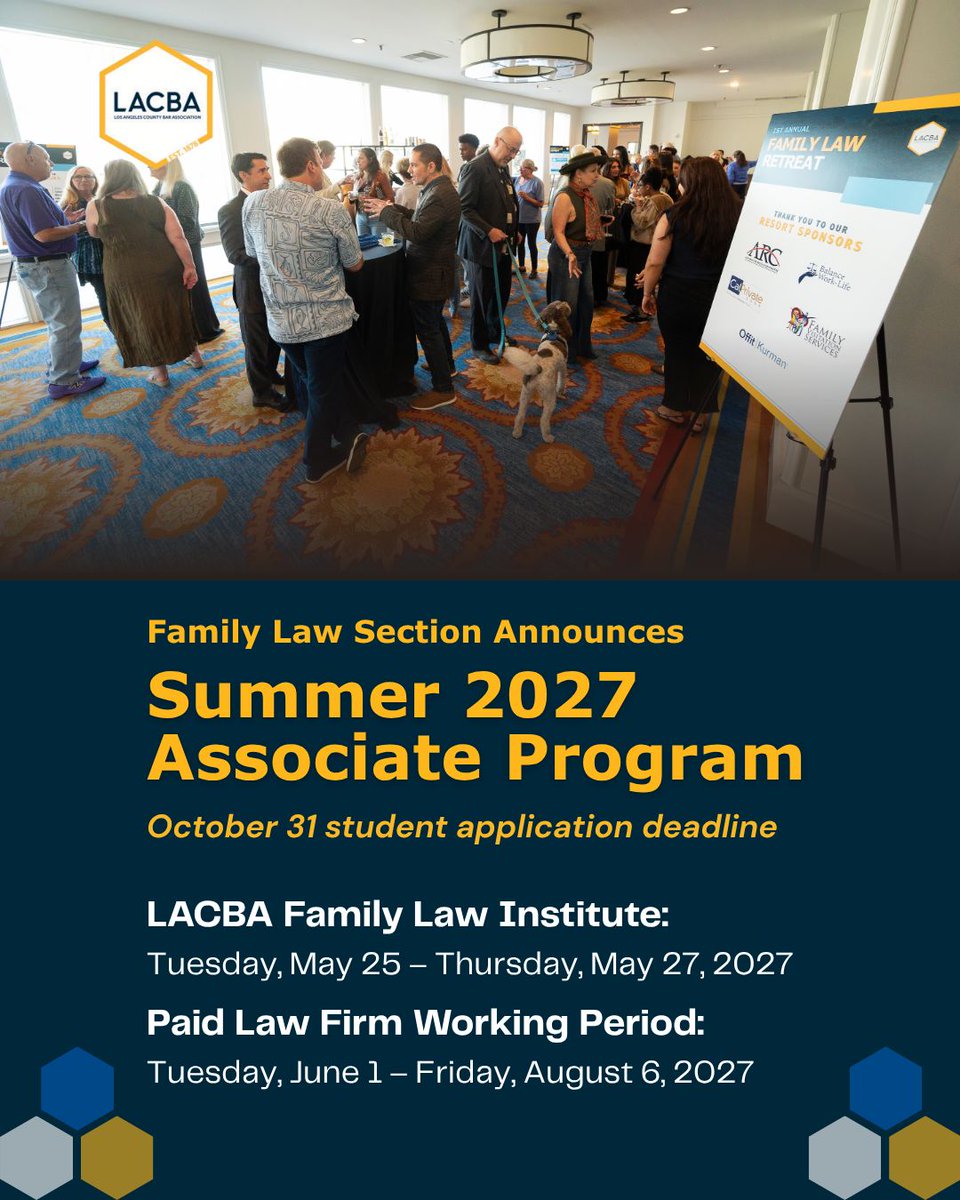 LACBA's tweet photo. Designed to cultivate family law attorneys, a new summer associate program is connecting law students and family law firms. The 10-week paid program begins in summer 2027 with educational institute May 25-27. 

Second-year law students and area firms are encouraged to apply!

https://t.co/c6b29V12gr