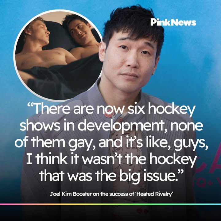 PinkNews's tweet photo. Joel Kim Booster has said what we’re all thinking about the influx of hockey shows following the international success of ‘Heated Rivalry’. https://t.co/BKyrpbHVDH