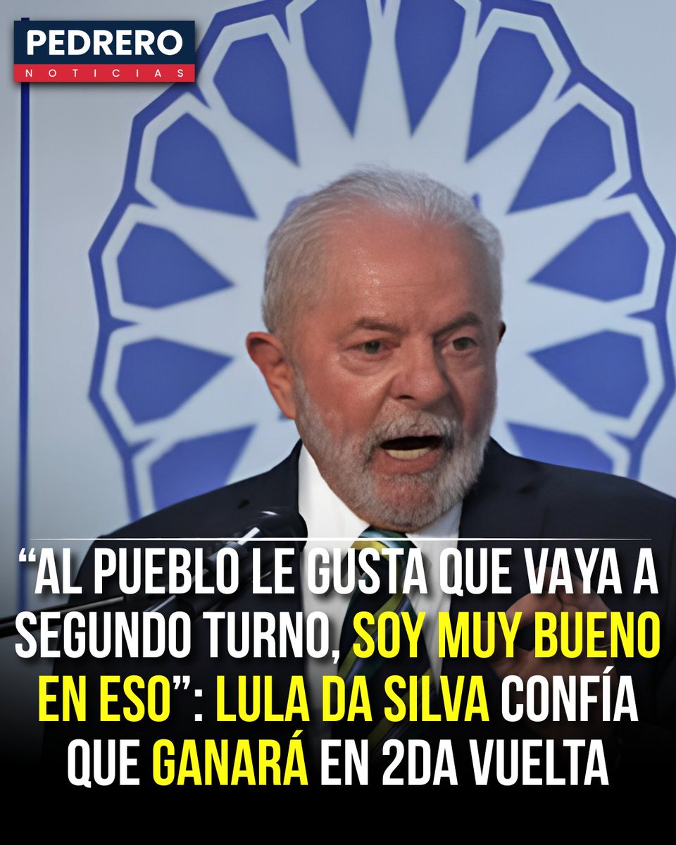 YosoyPedrero's tweet photo. 🚨 OJO | “AL PUEBLO LE GUSTA QUE VAYA A SEGUNDO TURNO, SOY MUY BUENO EN ESO”: LULA DA SILVA CONFÍA QUE GANARÁ EN 2DA VUELTA
El presidente de Brasil y candidato a la reelección, Luiz Inácio Lula da Silva, se declaró confiado en ganar la segunda vuelta electoral del próximo 25 de octubre, luego de que la primera ronda celebrada este domingo no arrojara un ganador definitivo y lo dejara en segundo lugar frente al senador Flávio Bolsonaro.

En un discurso desde São Paulo, Lula reconoció que el resultado fue inesperado. "Confieso que estaba convencido de que iba a ganar en el primer turno", admitió. Sin embargo, lejos de mostrarse derrotado, el mandatario apeló a una expresión futbolística para describir su confianza: "Soy muy bueno en el mata-mata, en el cabeza a cabeza", afirmó. Incluso bromeó señalando que "al pueblo le gusta" que dispute segundas vueltas.

Con casi la totalidad de los votos escrutados, Flávio Bolsonaro, candidato del Partido Liberal, obtuvo el 47.06% de los sufragios, mientras que Lula alcanzó el 45.12%, una diferencia de menos de dos puntos porcentuales. Ninguno superó el 50% requerido para evitar el balotaje.

Lula también convocó a los más de 33 millones de brasileños que no votaron en la primera vuelta a sumarse a su campaña en las próximas tres semanas, y adelantó que centrará su discurso en contrastar su proyecto de gobierno con el de su rival.