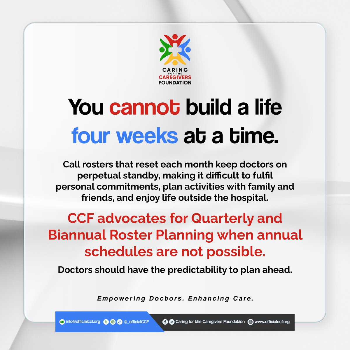 _officialCCF's tweet photo. Doctors deserve the ability to plan ahead.
Constantly changing rosters make it difficult to plan rest, family and personal commitments.

Where annual schedules aren't possible, quarterly/biannual rosters can provide greater certainty 🗓️.

#CaringForTheCaregivers #DoctorWelfare https://t.co/1XcDePrzAa