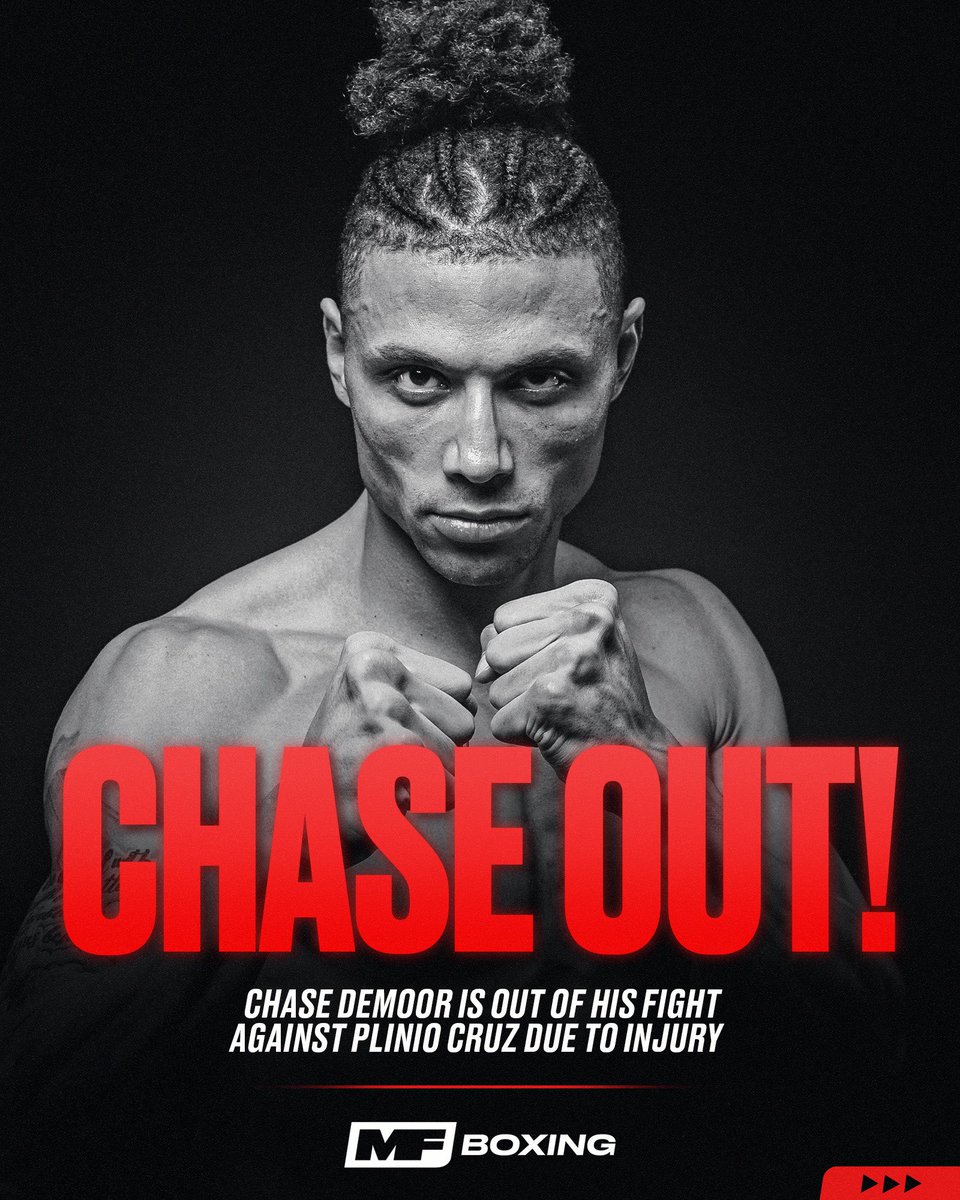 MisfitsBoxing's tweet photo. 🚨 BREAKING NEWS 🚨

Chase DeMoor is OUT of his fight due to injury. ❌

Stepping in to replace him… his coach, Gary Olive! 

Gary will now face UFC Coach of the Year Plinio Cruz in a BATTLE OF THE COACHES! 

This just got VERY interesting… https://t.co/Cu4PWgRnsS