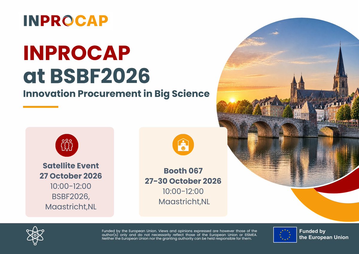 InprocapProject's tweet photo. How can #BigScience put #innovation_procurement into practice?
Join INPROCAP at #BSBF2026 to explore 3 Instruction #Manuals, a new Online Learning Space &amp; #Toolbox, and key lessons learned.
📅 27 Oct | Maastricht
🔗https://t.co/b6xKFRlt5b https://t.co/H4tCm7PedZ