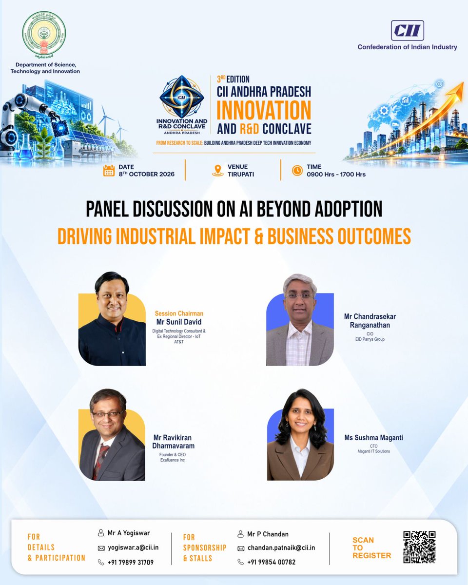 mitresource's tweet photo. Our CTO, Sushma Maganti, will join the CII Andhra Pradesh Innovation &amp; R&amp;D Conclave 2026 on Oct. 8 in Tirupati for a panel on AI Beyond Adoption: Driving Industrial Impact &amp; Business Outcomes.

#CII #ArtificialIntelligence #Innovation #MagantiITResources https://t.co/zLgZlzb5P0