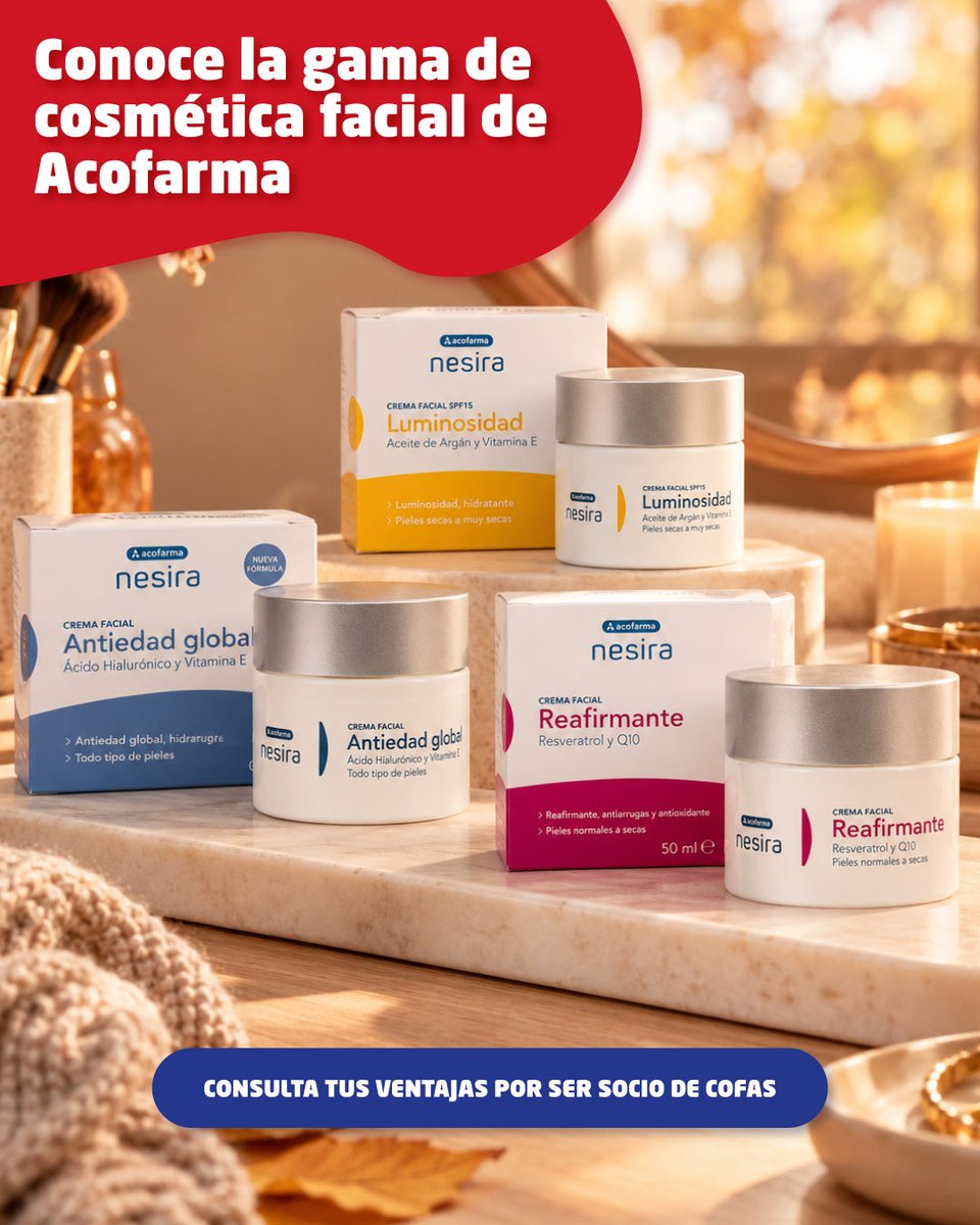 iCOFAS's tweet photo. Mejora tu rutina de skincare con la gama de cosmética facial de Acofarma 

¡Elige la que mejor se adapte a las necesidades de tu piel! 🧴
⏳ Antiedad global
💡 Luminosidad
💪 Reafirmante

Consulta con tu farmacia de confianza 💙
#tufarmaciaempiezaentucooperativa https://t.co/ABjTNH8hfT