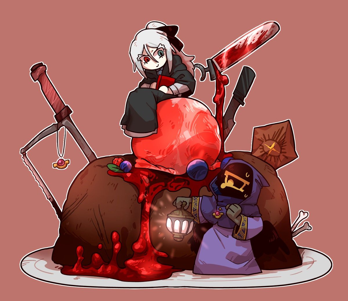 paleblood1850's tweet photo. 넌붐様(@Dead_Hope3)にコミッションで描いていただきました！
おるにとミアズマをデザートとカクテルにしていただきました……！🍫🍷
キャラクターのモチーフだけでなく、私の好きなBloodborneの要素まで素敵に落とし込んでくださっていて、本当に天才的です……
本当に本当に嬉しいです……！！🫶 https://t.co/5m8TUzlUCY