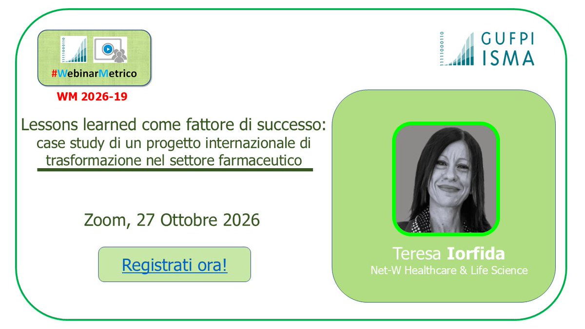 GUFPI_ISMA's tweet photo. Il #27ottobre #WebinarMetrico 2026 @GUFPI_ISMA
con #TeresaIorfida parlando di "#LessonsLearned come fattore di successo"

https://t.co/fV3kiC4DKk 

#ContaChiConta #Performance #ProjectManagement @ISIPM_Italy #SdM #CEPAS_SCH174 #UNI11621_6 https://t.co/AxQx8dLOKQ