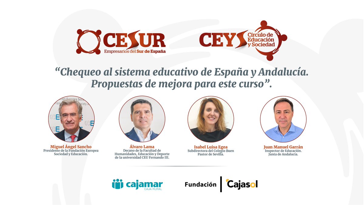 CesurEdelSur's tweet photo. 🔴No te pierdas la sesión "Chequeo al sistema educativo de España y Andalucía. Propuestas de mejora para este curso".

📅 Mañana, martes 6 de octubre
🕖 19:00 h
📍 @SomosFundMAS - C/ Torneo, 67 (Sevilla)

 ¡Te esperamos! 

✍️Más info e inscripciones: https://t.co/r7JGCC0eNP https://t.co/hT4MT9XuMI