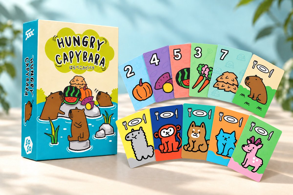 sosostudio's tweet photo. 【はらぺこカピバラ】
📖 https://t.co/sR1EY2APNp
場に動物がいれば食べ物、いなければ動物。出せなければ1枚引く。

動物を出して流れをつかむか、引いた1枚で流れを変えるか。

癒されるのに駆け引きもある、流れの奪��合いです。

📍両日 B-24「500C」
🛒 https://t.co/5UVpDpyvDm

#ゲムマ2026秋 https://t.co/nYmlqU21ms