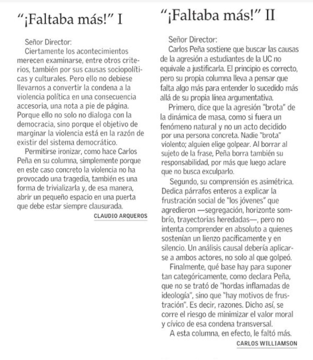 cleovar's tweet photo. El Mercurio/Un par de cartas responden a la columna de Carlos Peña de ayer domingo. Cabe preguntarse, si llegó a académico y rector de una Universidad, es porque nunca tuvo un frustración en su vida y creció en un lecho de rosas? Si las carencias de los “estudiantes” justifica su violencia, Peña entiende que a quienes defienden su derecho a aprender, no han tenido nada que superar? O a Peña le gusta relativizar lo injustificable como torcida forma de validarse?