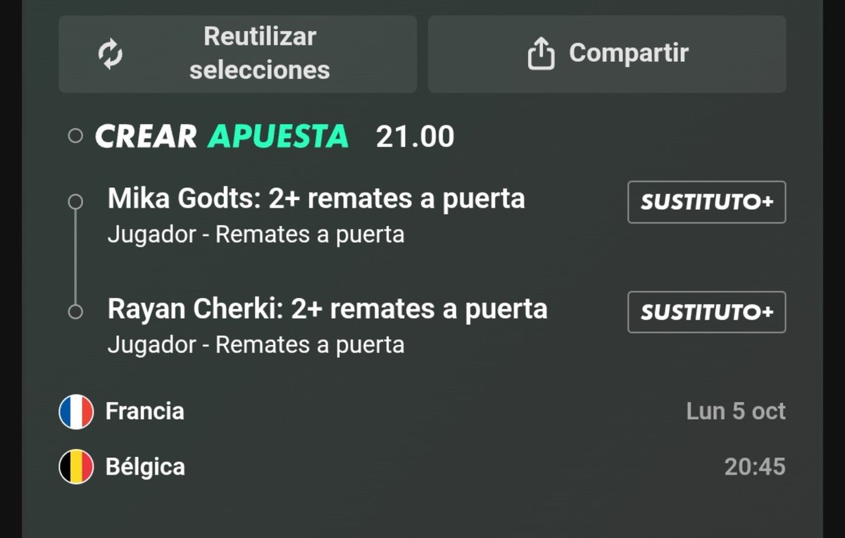 MambaBetss's tweet photo. Cuota 21 de TAPS Cherki X Godts

En el canal teneis la fija de hoy para el 🇫🇷🇧🇪, link en el primer comentario 👇🏻

En el citado teneis la victoria de españa a cuota 5🎁 https://t.co/HzAwjK8CmX