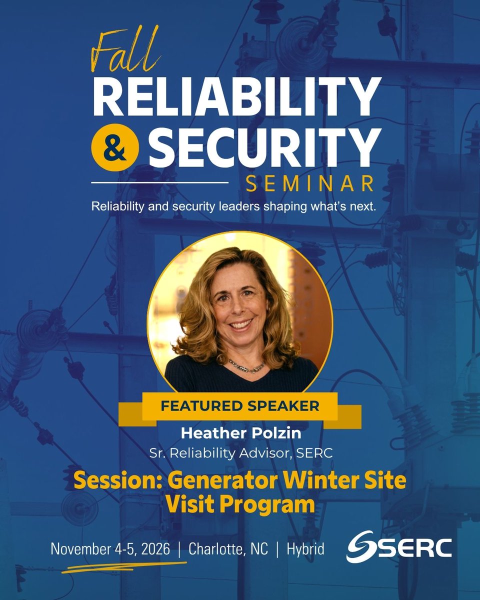 SERCReliability's tweet photo. Winter prep is on the agenda for this year’s Fall R&amp;S Seminar. SERC's Heather Polzin will lead a session on the Generator Winter Site Visit Program as part of a two‑day look at key reliability, security, and compliance issues. Register: https://t.co/E94gpyWMdP   #LeadWithPurpose https://t.co/HN6CRKHcr1