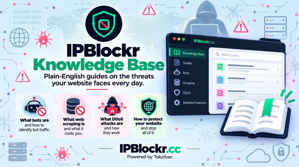 ipblockr's tweet photo. The IPBlockr Knowledge Base is now live on https://t.co/I9bJRWPu5t - with guides on bots, scraping, DDoS & website protection.

Plain-English guides on the threats your website faces every day - what bots are, how to identify bot traffic, how DDoS attacks work, what web scraping costs you and how to stop all of it.

All articles, written by the IPBlockr team, each ending with the practical steps to protect your site. 

Start here: What is IPBlockr and how can it help your business? https://t.co/CLhRmVfSM1 

#ipblockr #cybersecurity #cybersecuritytools #saas