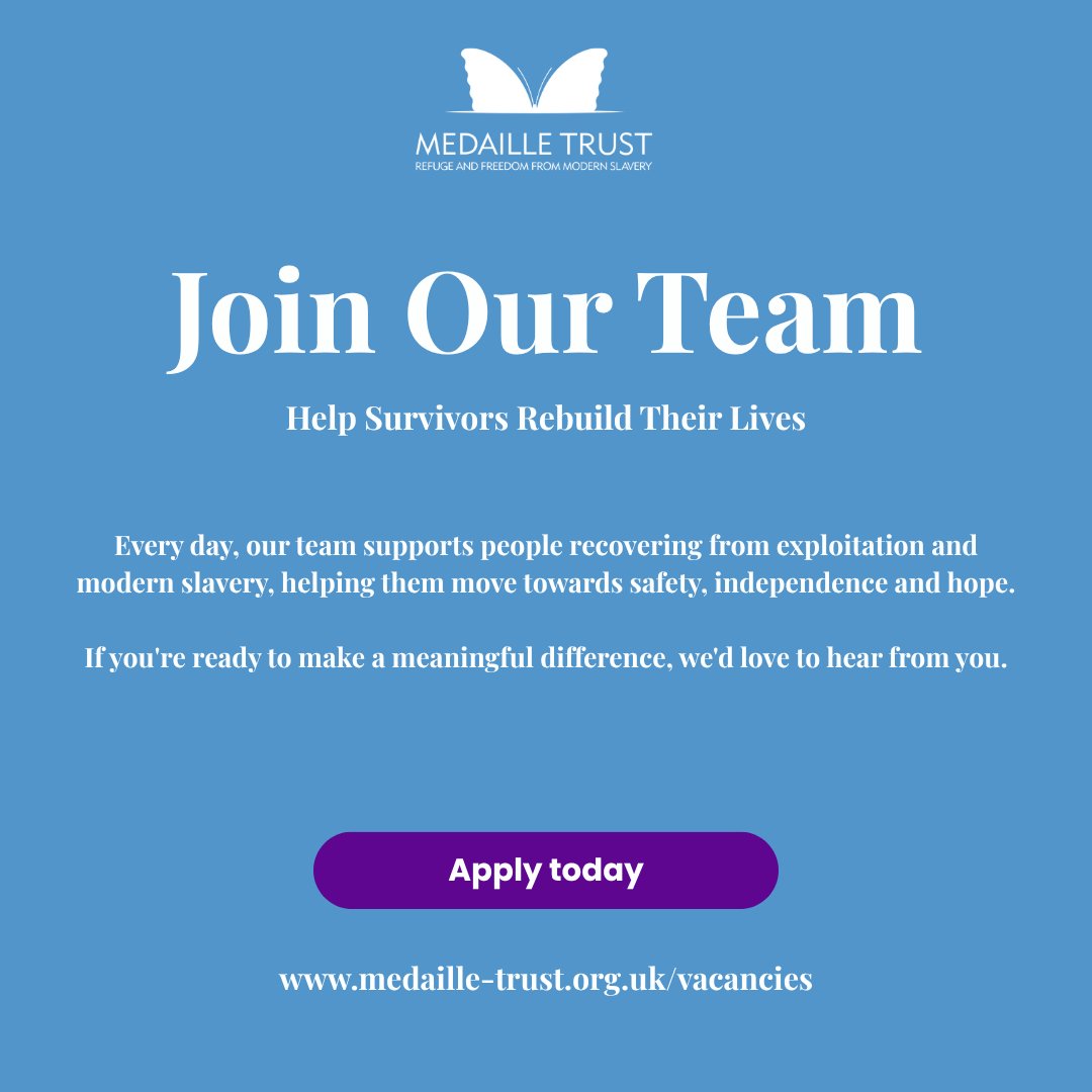 MedailleTrust's tweet photo. 💙 We’re hiring!
Join Medaille Trust as a Modern Slavery Accommodation Support Worker in Swindon and help create a safe and supportive environment for survivors.
Swindon
37.5 hrs/week
£26,227/year
Apply: https://t.co/WgJyrE4S6e https://t.co/JAAESb5h47