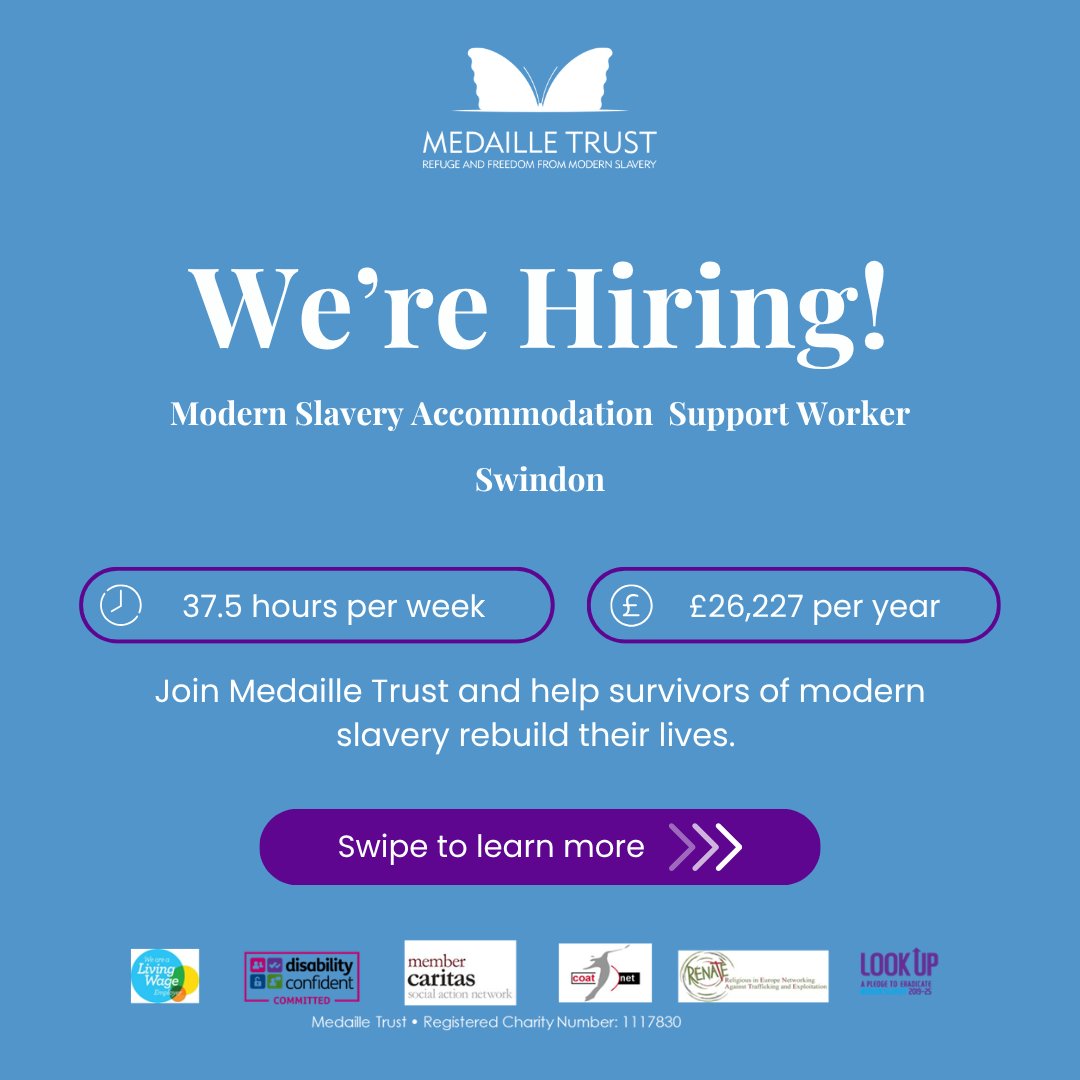 MedailleTrust's tweet photo. 💙 We’re hiring!
Join Medaille Trust as a Modern Slavery Accommodation Support Worker in Swindon and help create a safe and supportive environment for survivors.
Swindon
37.5 hrs/week
£26,227/year
Apply: https://t.co/WgJyrE4S6e https://t.co/JAAESb5h47
