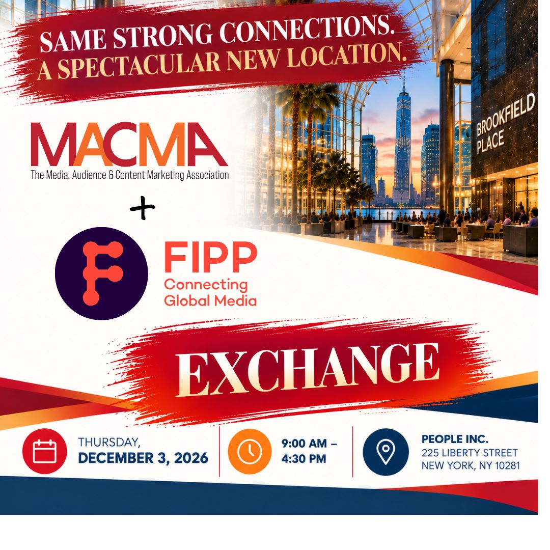 The_MACMA's tweet photo. This year, we’re bringing the MACMA and FIPP - Exchange back — with a NEW LOCATION!
Join us December 3 in New York City for our year-end gathering of media leaders from around the globe.
Save the date — more details coming soon!
#Wheretheconversationhappens #Learnfromthebest https://t.co/8GcX2LwpzA