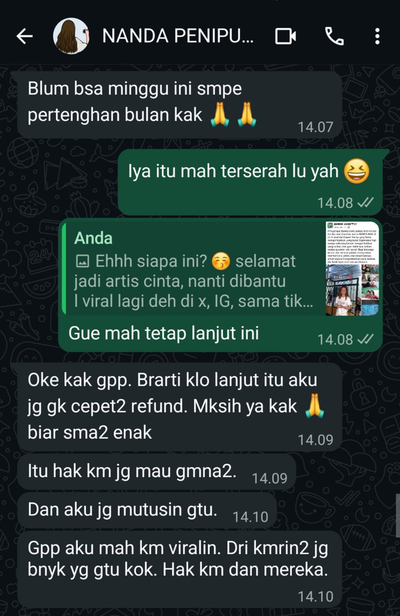 nnngy_'s tweet photo. hari ini aku chat dia lagi minta refund dan balesnya bener bener ngelunjak, emang salah ngasih kesempatan ke penipu. PENIPU KO PENGEN DI TREAT BAIK 😭🤣 https://t.co/qtoiEPxvX2