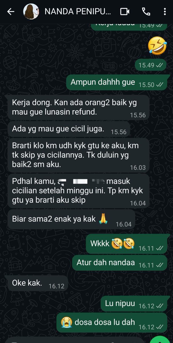 nnngy_'s tweet photo. hari ini aku chat dia lagi minta refund dan balesnya bener bener ngelunjak, emang salah ngasih kesempatan ke penipu. PENIPU KO PENGEN DI TREAT BAIK 😭🤣 https://t.co/qtoiEPxvX2