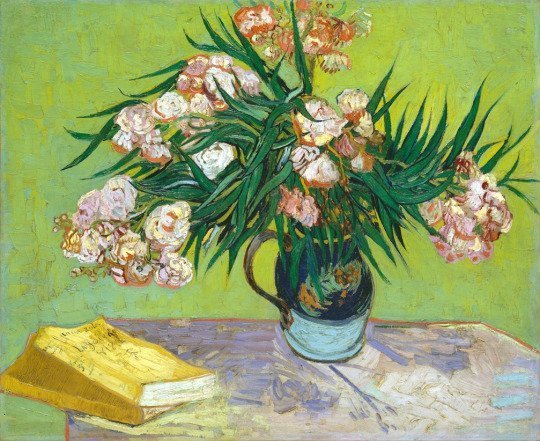ARTpill_'s tweet photo. 🖼 Oleanders 
🎨 Van Gogh, August 1888

#ARTtalk Next to the vase of Oleanders sits a yellow-covered book: Émile Zola's novel La joie de vivre (The Joy of Living). Van Gogh intentionally included this novel as a modern symbol of hope and vitality, which the Oleanders seem to desire and deny at the same time.
